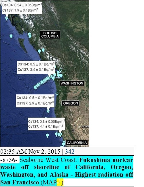 Fukushima seaborne nuclear waste & ongoing meltdown since March 2011 into the Pacific on our side of the Pacific Rim. Note that not only does seaborne nuclear pollution hit the shore, dry out & become airborne (up to thousands of years), but that Fukushima airborne nuclear pollution also saturated continents neighboring the Pacific Basin & around the world.