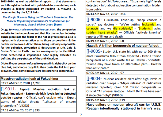 This is a photo excerpted from the last page of the database; the numbered listings are presented in reverse chronological order with the most recent in 2018, first ...and the first listing in 2011, last. If you want to feel the whole story and experience why nuclear is not safe and clean, start reading the listings in 2011 and work backwards to 2018. You will see all the damage, all the propaganda and all the deep state behind the scenes and be as overwhelmed as I was. In addition to the unfolding drama of the continuing meltdowns at Fukushima, you will see that it will remain lethally dangerous to the oceans and to the air and to the fresh water …forever: the next time you hear someone say nuclear is safe and clean, tell them to put it where the sun doesn’t shine.