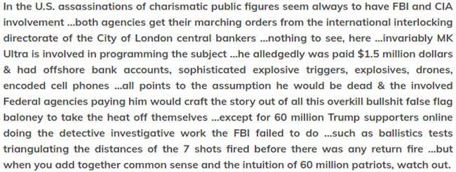 In the U.S. assassinations of charismatic public figures seem always to have FBI and CIA involvement ...both agencies get there marching orders from the international interlocking directorate of the City of London central bankers ...nothing to see, here  ...invariably MK Ultra is involved in programming the subject. Sprinkle liberally with Schumer, Podesta, JPMorganChase, Schroder Bank, Bechtel, Bohemian Grove, Skull & Bones and Sovereign Knights of Malta