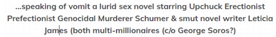 ...speaking of vomit a lurid sex novel starring Upchuck Erectionist Prefectionist Genocidal Murderer Schumer & smut novel writer Leticia James (both multi-millionaires (c/o George Soros?)