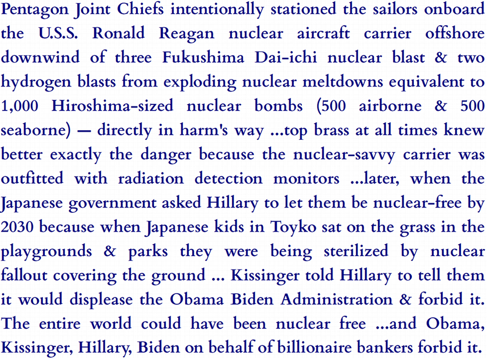 City of London's military industrial complex (including the Pentagon) intentionally puts Navy aircraft carrier crew in harm's way to test how the crew is affected by nearby nuclear explosion & three nuclear reactor meltdowns